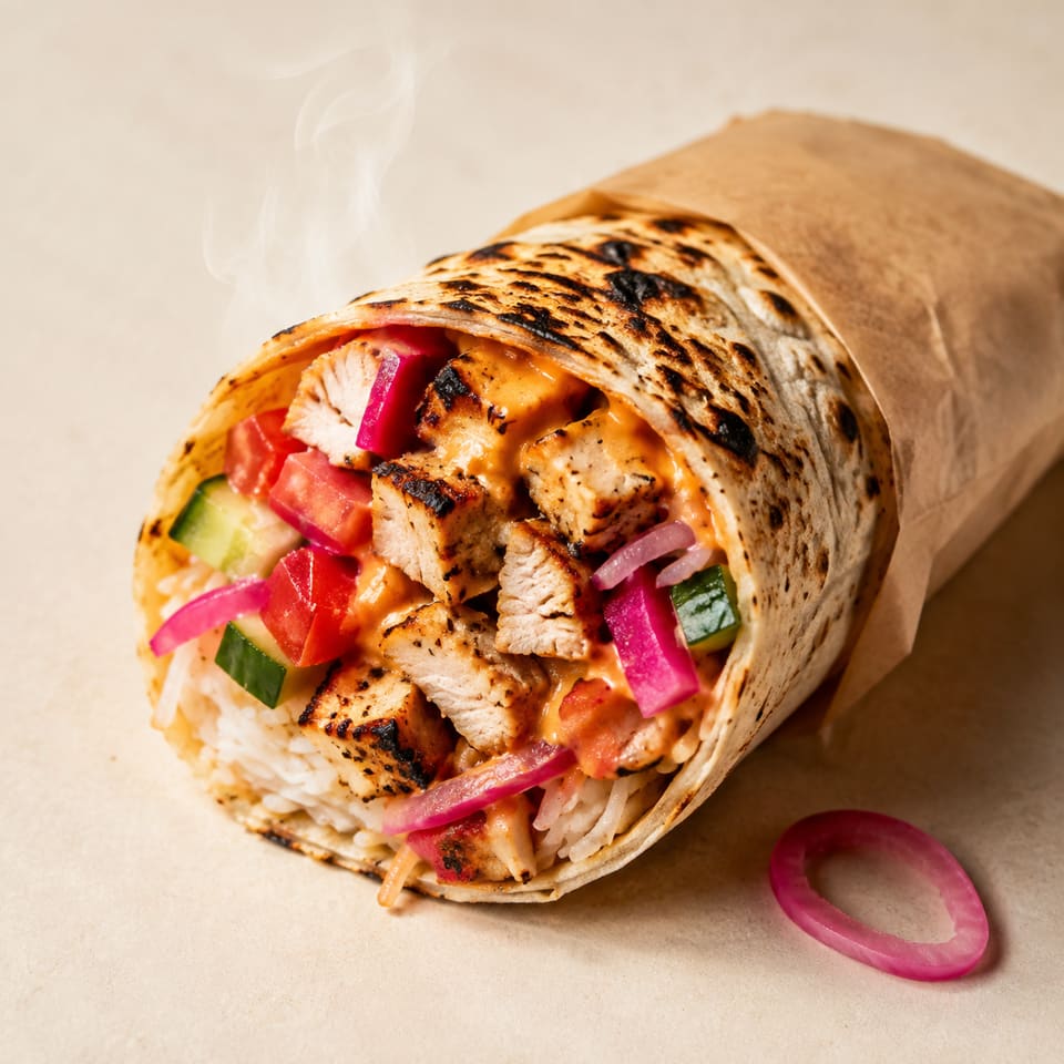 The Flame Wrap cut on the bias in unbranded kraft paper, showing grilled chicken, vermicelli, pickled turnip and orange sauce inside.