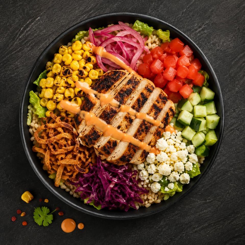 The Flame Bowl seen from above: grilled chicken strips fanned across brown rice and romaine with corn, red onion, tomato, cucumber and feta in radial wedges.