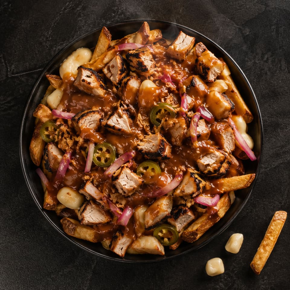 The Blaze Poutine seen from above: hand-cut fries under cheese curds, dark gravy and charred chicken, steam rising.